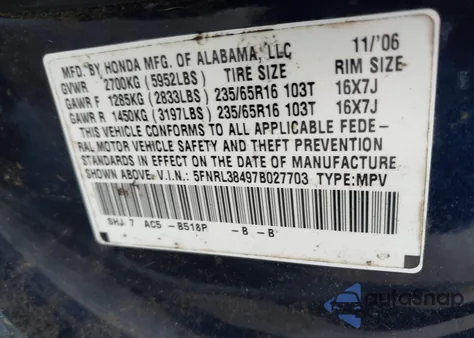 2007 Honda Odyssey Ex from USA, damaged, VIN 5FNRL38497B027703